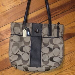 Coach Khaki and Chocolate Signature Tote with Leather Trim